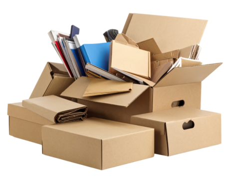 Stack of cardboard moving boxes with books and belongings spilling out on transparent background