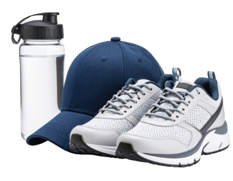 Sports equipment set with running shoes, baseball cap and water bottle for fitness and athletic activities