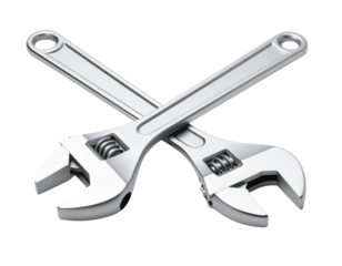 Two crossed adjustable wrenches in silver chrome finish on transparent background
