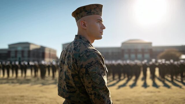 Military drill instructor in camouflage uniform overseeing formation of recruits on parade ground at sunrise, back view. Leadership, discipline, training, and service concept on a base campus.