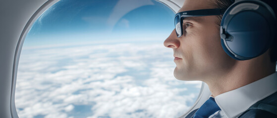 Focused pilot wearing headphones and glasses looks out airplane window at bright sky and clouds, showing calm concentration