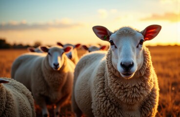 Fototapeta premium Woman sheep standing in a field during sunset with warm lighting and clear sky