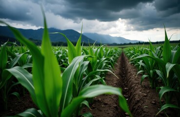 Obraz premium Green corn plants growing in a field with dark storm clouds and mountains in the background
