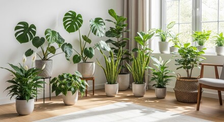 Fototapeta premium Collection of various houseplants in pots arranged in a bright room with natural light