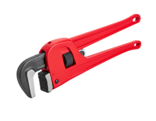 Red pipe wrench with adjustable jaw mechanism on transparent background for plumbing and mechanical work tools.