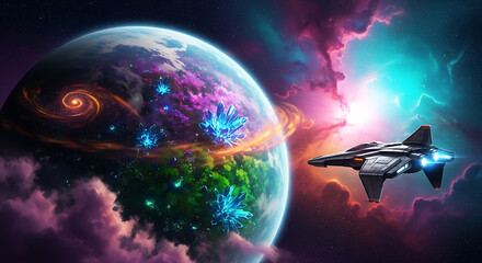 Sleek angular black starship with glowing blue engines and orange marker lights.