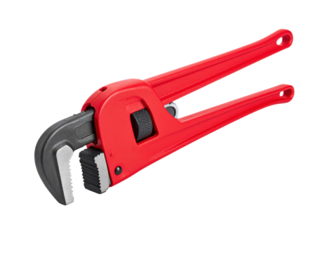 Red pipe wrench with adjustable jaw mechanism on transparent background for plumbing and mechanical work tools.