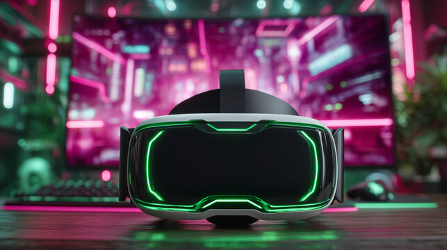 high-tech VR headset placed in front of neon-lit gaming monitor, cyberpunk-inspired room, vivid pink and green illumination, sharp focus, cinematic feel VR gaming headset, neon cyb