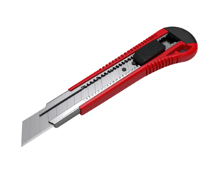 Red utility knife with retractable blade and ergonomic handle isolated on transparent background