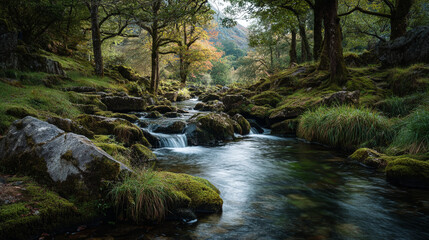 Obraz premium A scenic view of a river flowing through a lush forest with mossy rocks and trees