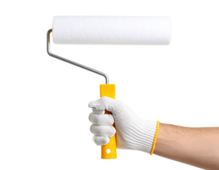 Hand wearing white work gloves holding yellow paint roller brush tool for home improvement and wall painting projects on transparent background.