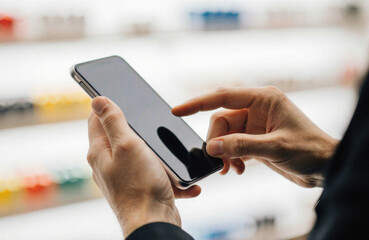Woman holding smartphone with blank screen in hand