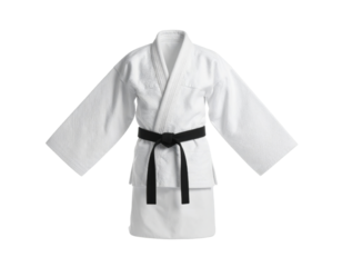 White martial arts gi uniform with black belt isolated on transparent background for karate training