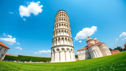 Handdoek met foto De scheve toren A wide angle shot of the leaning tower of pisa on a sunny day with blue sky and green grass field  © creativeharry