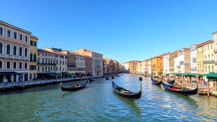 Obraz premium A scenic view of the grand canal in venice italy with gondolas and colorful buildings under a clear blue sky
