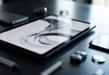 A sleek tablet with a modern design placed on a dark desk surface surrounded by electronic devices