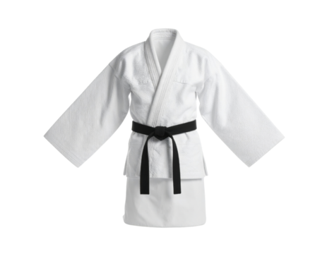 White martial arts gi uniform with black belt isolated on transparent background for karate training