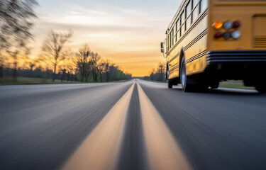 Obraz premium Yellow school bus driving on the road at sunset