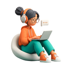 Stylized 3D rendering of a young woman working on a laptop in a relaxed setting