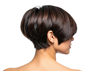 Naklejka premium Modern short bob haircut with sleek brunette hair styled in trendy pixie cut showing profile view of woman