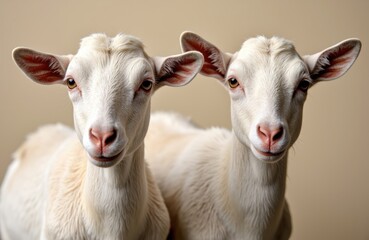 Obraz premium Two young goats with white fur and pink noses looking directly at the camera in a neutral indoor setting
