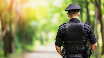 Security guard wearing uniform and protective vest standing outdoors in green park with sunlight creating warm atmosphere