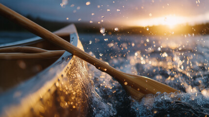 detailed shot of canoe paddle entering still water, wooden boat edge in frame, droplets and ripples in soft sunset lighting, calm and scenic lake view canoe paddle entering water,
