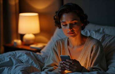 Fototapeta premium Woman using smartphone in dimly lit bedroom at night