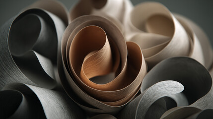 Sculptural composition of curled paper in a monochromatic palette of grays with a touch of warm brown, emphasizing texture and form.