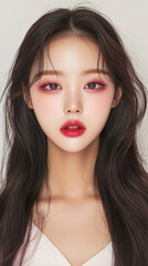 Fototapeta premium Korean model showcasing elegant makeup with soft pink tones in a close-up portrait