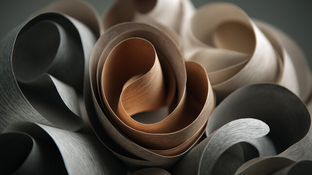 Sculptural composition of curled paper in a monochromatic palette of grays with a touch of warm brown, emphasizing texture and form.
