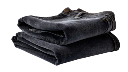 Faded black jeans with distressing on knees, folded style, isolated on white background