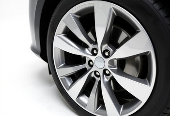 Fototapeta premium Close-up of a modern alloy car wheel with a sleek metallic finish and detailed rim design