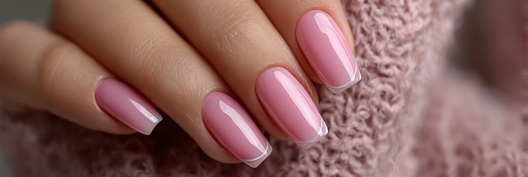 Perfectly manicured long nails showcase a soft pink polish with a delicate french tip against a cozy knit background