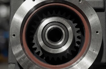 A close-up view of a metallic gear mechanism showing detailed teeth and circular components