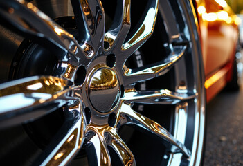 Fototapeta premium Close-up of a shiny, chrome car wheel with reflections and detailed rim design