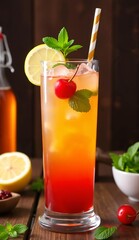 Fototapeta premium Colorful Layered Cocktail with Cherry, Lemon, and Mint Garnish
