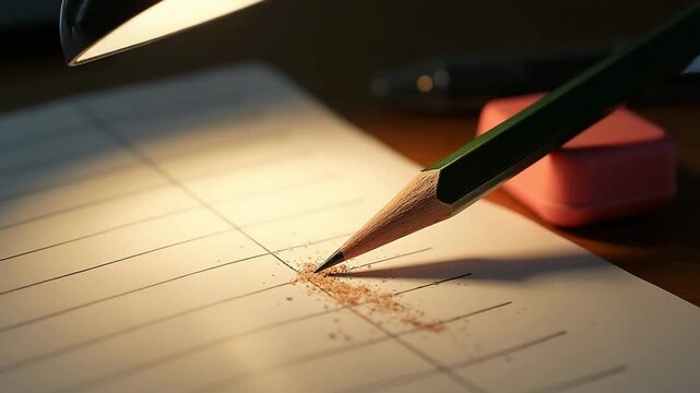 Close-up of green pencil writing on notebook paper with eraser  