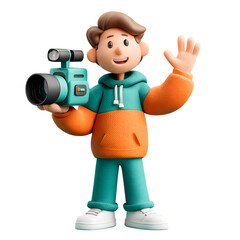 Cartoon character enthusiastically presenting with camera in a creative 3D rendering