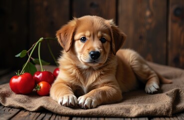 Cute puppy lying on a rustic wooden surface with cherries nearby creating a cozy scene