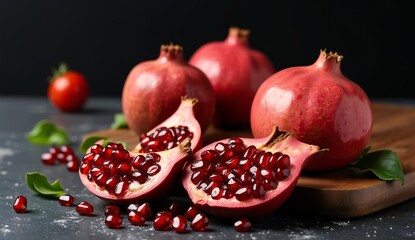 Fresh Pomegranates with Seeds on a Dark Background