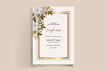 WEDDING INVITATION FRAME WITH FLOWER DECORATIONS AND FRESH LEAVES