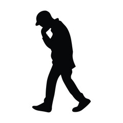 Silhouette of Man Walking with Hand on Chin – Vector Illustration