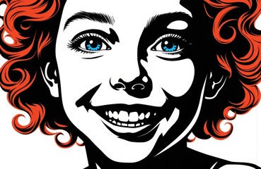 A stylized illustration of a smiling woman with curly red hair and bright blue eyes