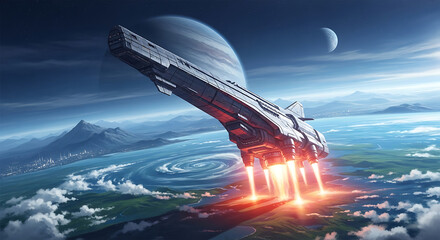 Angular metallic starship with a long hull descending with four powerful glowing engines.