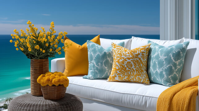 coastal terrace with white couch decorated with orange and white pillows, yellow throw, wicker basket vase with yellow blooms, turquoise water backdrop coastal terrace design, oran