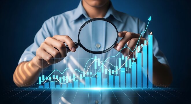 Businessman analyzing financial data with magnifying glass and digital graphs showing upward trend