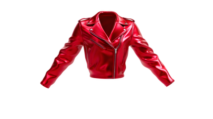 Fitted red leather moto jacket, shiny finish, floating in air, isolated on transparent background