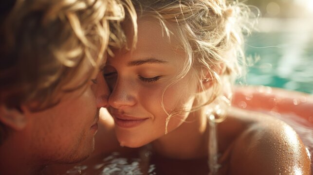 Romantic Couple Embracing in a Sunny Pool - Powered by Adobe