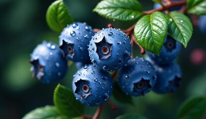 Fresh Blueberries with Dew Drops on a Bush